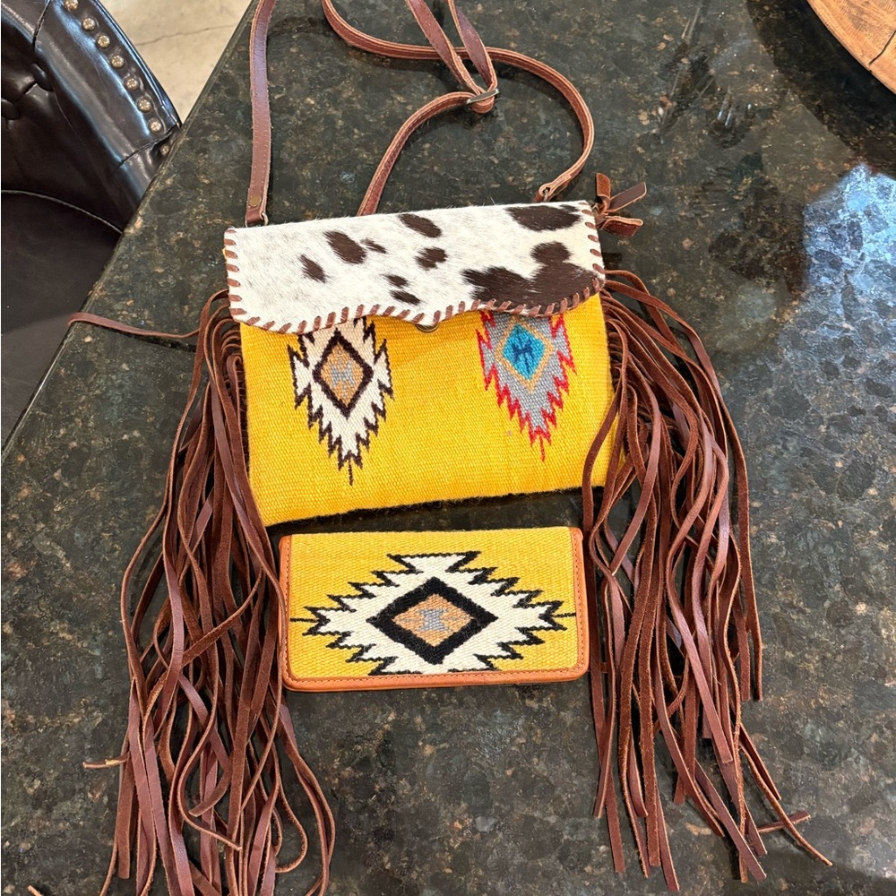 American Darling Yellow Southwestern Fringe Crossbody with Cowhide Flap